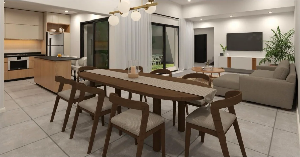 Render del living y comedor de Dorrego